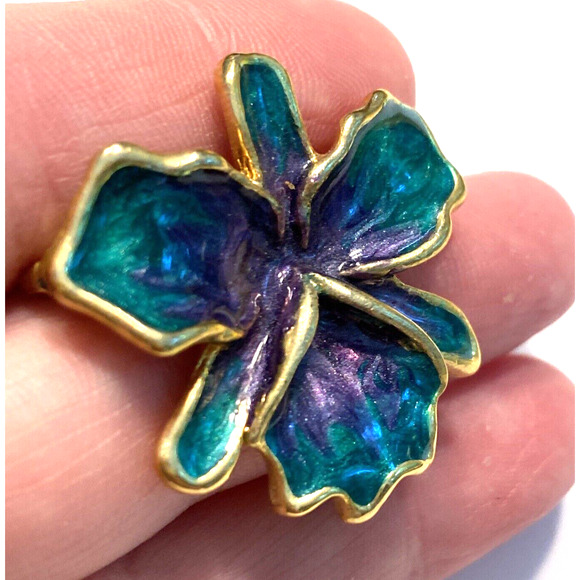 Vintage Gold Flower Brooch 1980’s Green & Blue Swirl Enamel Pin Naturalist Flora - Picture 5 of 7